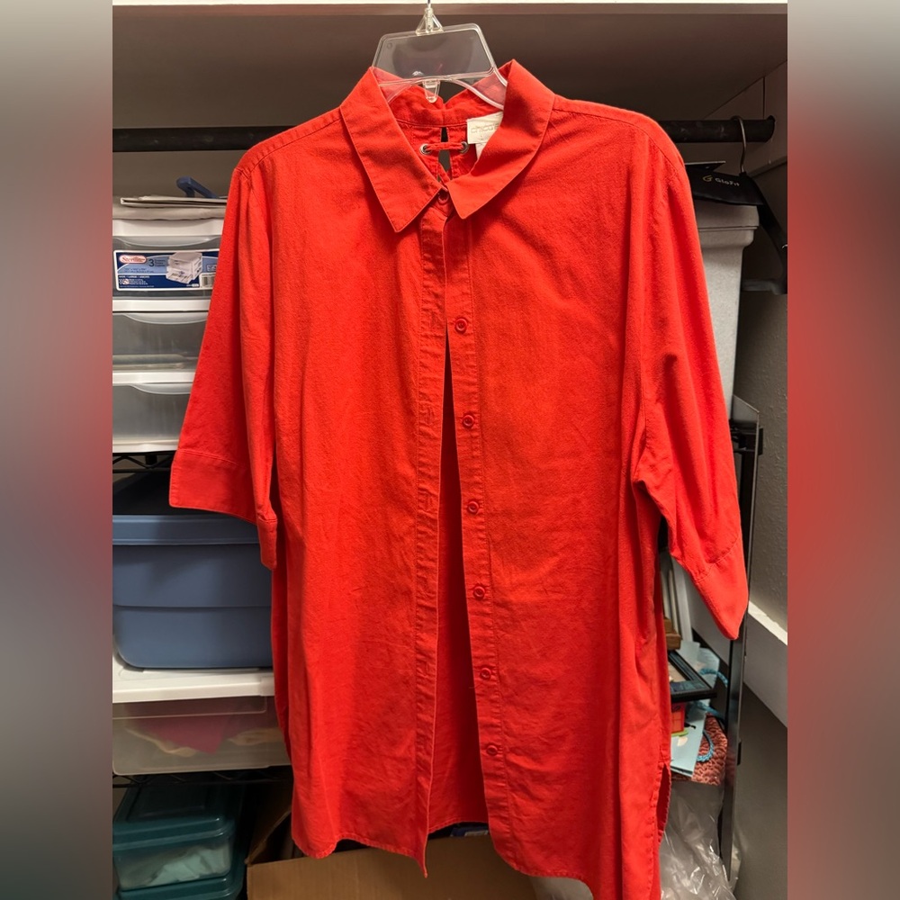 Chico's Bold Red Button-Up Lace Up Back Detail Blouse